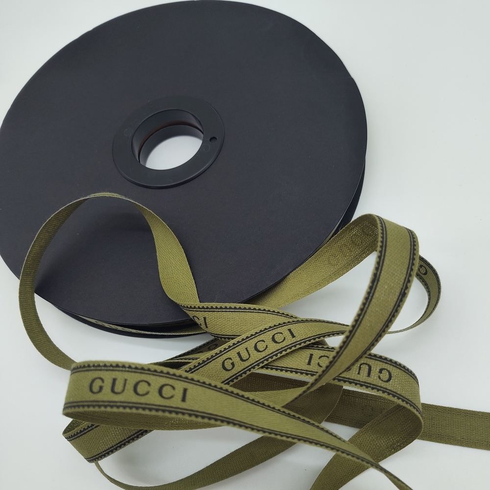 GUCCI Logo Ribbon 10 Yard Olive Black Woven Trim Sewing Gift Wrap Luxe NEW